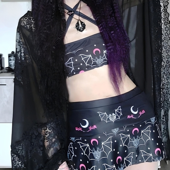 Too Fast ✦ Two-Headed Bat Skirted Bikini ✦ Retro Goth Swim Set w/ Pink Moons S - Picture 8 of 11